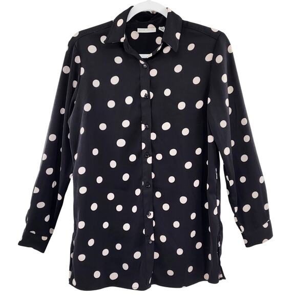 Susan Graver Black & Beige Polka-Dot Blouse Top Oversized Button-Up Women's XXS - Picture 1 of 5